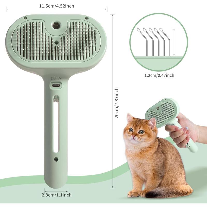 Cat Grooming Steam Brush Self Cleaning Pet Hair Remover Comb with Spray for Shedding Indoor Cats Green Color