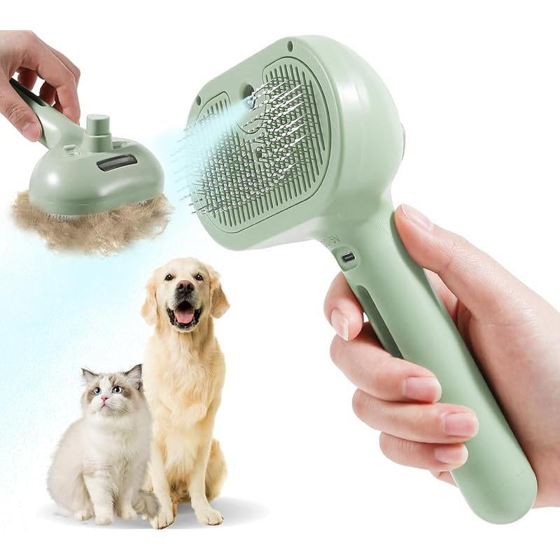 Cat Grooming Steam Brush Self Cleaning Pet Hair Remover Comb with Spray for Shedding Indoor Cats Green Color