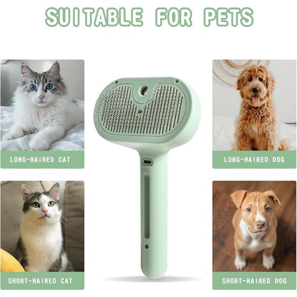 Cat Grooming Steam Brush Self Cleaning Pet Hair Remover Comb with Spray for Shedding Indoor Cats Green Color